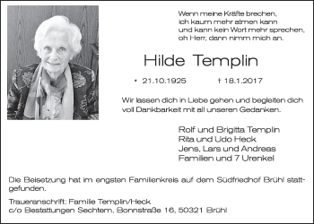 Anzeige von Hilde Templin von  Schlossbote/Werbekurier 