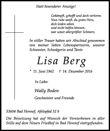 Anzeige von Lisa Berg von  Extra Blatt 