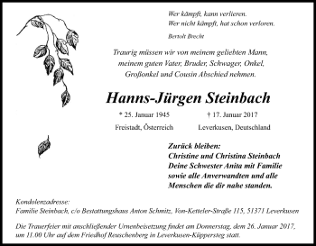 Anzeige von Hanns-Jürgen Steinbach von Kölner Stadt-Anzeiger / Kölnische Rundschau / Express