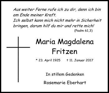 Anzeige von Maria Magdalena Fritzen von Kölner Stadt-Anzeiger / Kölnische Rundschau / Express