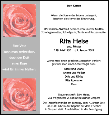Anzeige von Rita Heise von Kölner Stadt-Anzeiger / Kölnische Rundschau / Express