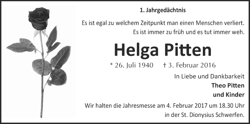  Traueranzeige für Helga Pitten vom 28.01.2017 aus  Blickpunkt Euskirchen 
