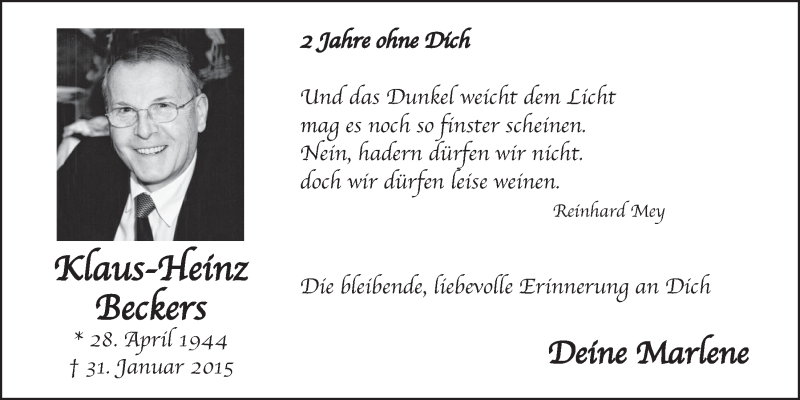  Traueranzeige für Klaus-Heinz Beckers vom 01.02.2017 aus  Schlossbote/Werbekurier 