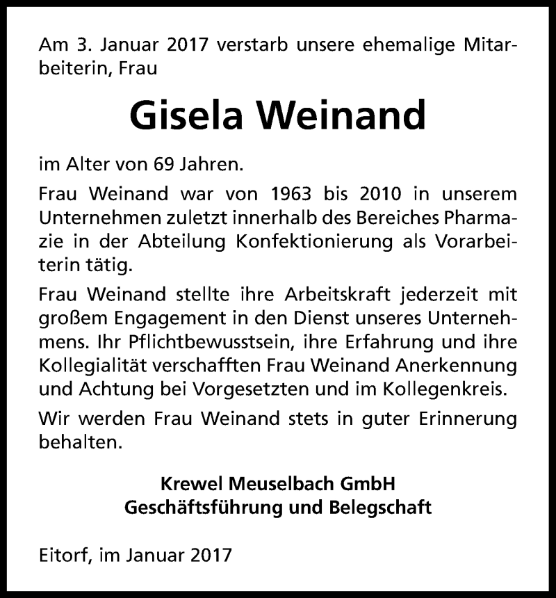  Traueranzeige für Gisela Weinand vom 14.01.2017 aus Kölner Stadt-Anzeiger / Kölnische Rundschau / Express