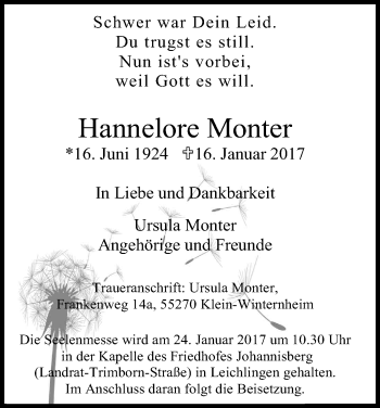 Anzeige von Hannelore Monter von Kölner Stadt-Anzeiger / Kölnische Rundschau / Express