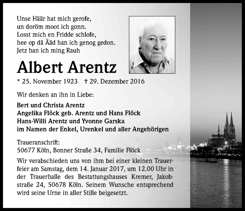  Traueranzeige für Albert Arentz vom 07.01.2017 aus Kölner Stadt-Anzeiger / Kölnische Rundschau / Express
