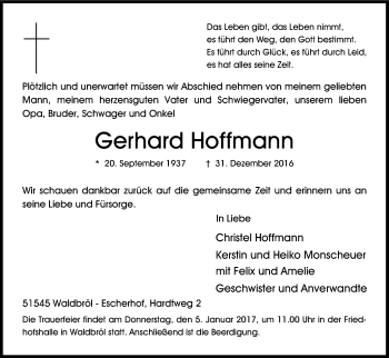 Anzeige von Gerhard Hoffmann von Kölner Stadt-Anzeiger / Kölnische Rundschau / Express