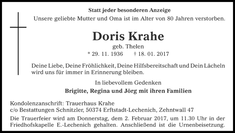  Traueranzeige für Doris Krahe vom 28.01.2017 aus Kölner Stadt-Anzeiger / Kölnische Rundschau / Express