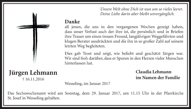  Traueranzeige für Jürgen Lehmann vom 18.01.2017 aus  Schlossbote/Werbekurier 