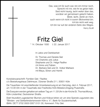 Anzeige von Fritz Giel von Kölner Stadt-Anzeiger / Kölnische Rundschau / Express