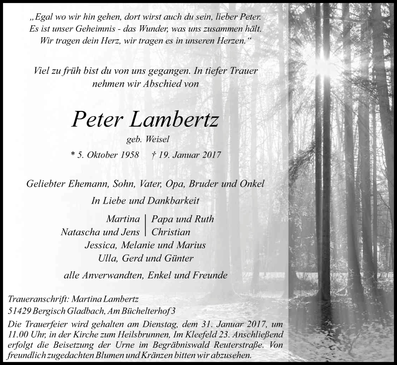  Traueranzeige für Peter Lambertz vom 27.01.2017 aus Kölner Stadt-Anzeiger / Kölnische Rundschau / Express