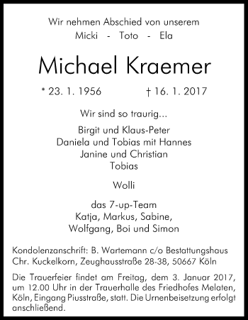 Anzeige von Michael Kraemer von Kölner Stadt-Anzeiger / Kölnische Rundschau / Express