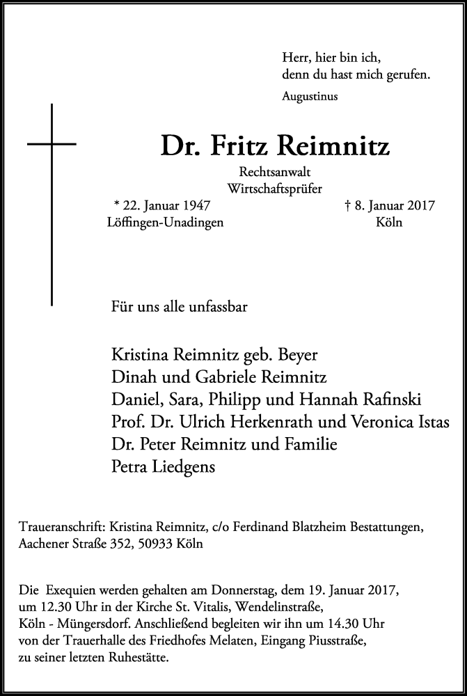  Traueranzeige für Fritz Reimnitz vom 14.01.2017 aus Kölner Stadt-Anzeiger / Kölnische Rundschau / Express