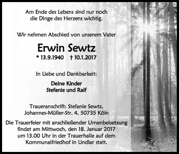 Anzeige von Erwin Sewtz von Kölner Stadt-Anzeiger / Kölnische Rundschau / Express