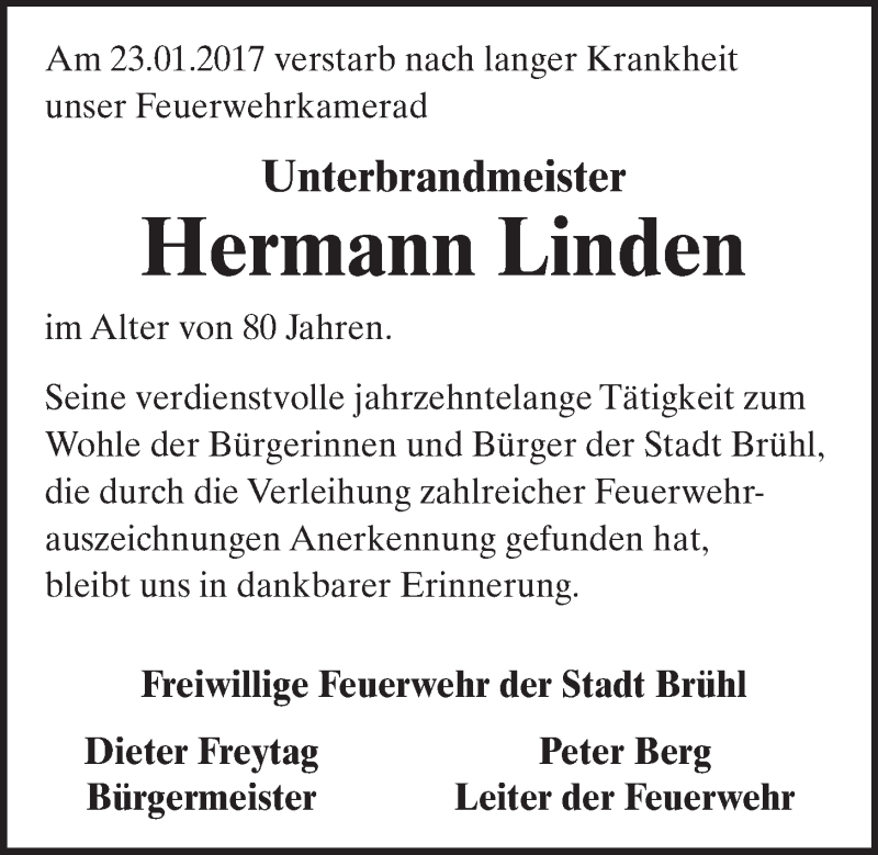  Traueranzeige für Hermann Linden vom 01.02.2017 aus  Schlossbote/Werbekurier 
