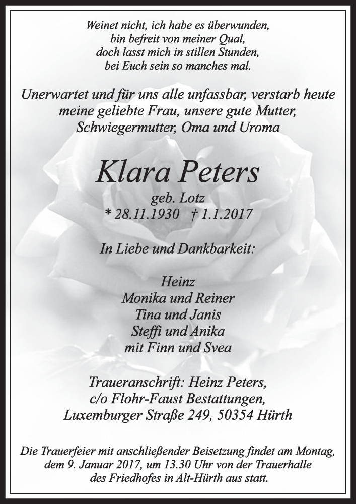  Traueranzeige für Klara Peters vom 07.01.2017 aus  Sonntags-Post 