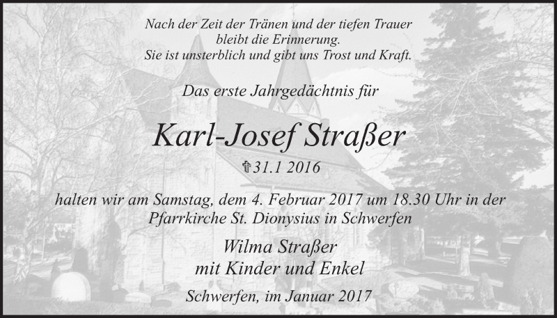  Traueranzeige für Karl-Josef Straßer vom 28.01.2017 aus  Blickpunkt Euskirchen 