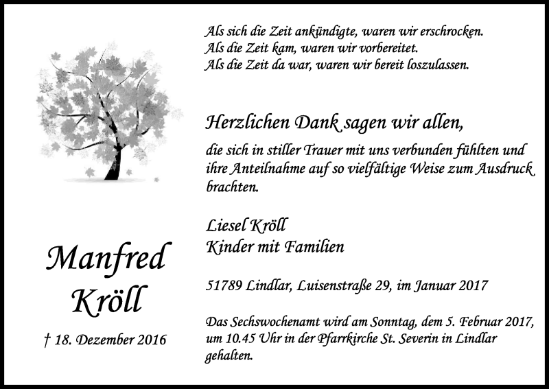  Traueranzeige für Manfred Kröll vom 28.01.2017 aus Kölner Stadt-Anzeiger / Kölnische Rundschau / Express