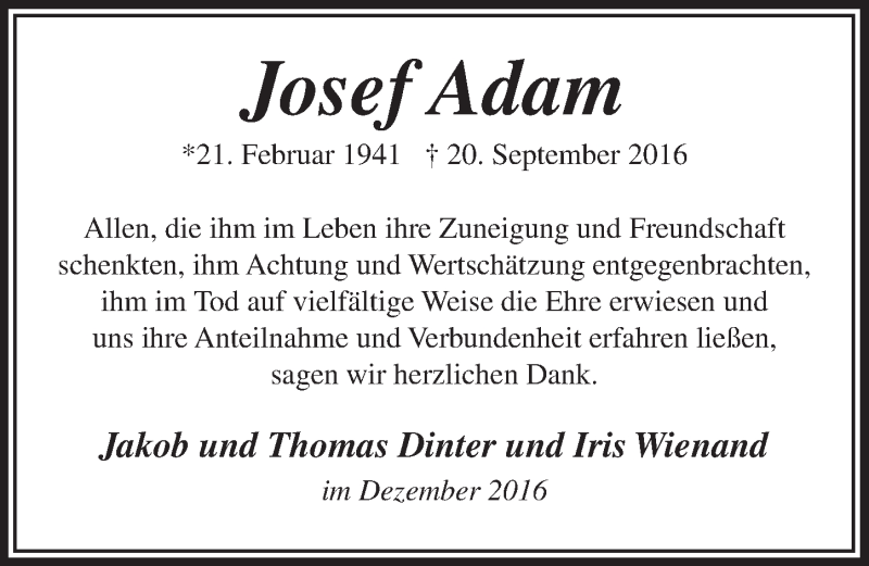  Traueranzeige für Josef Adam vom 04.01.2017 aus  Anzeigen Echo 