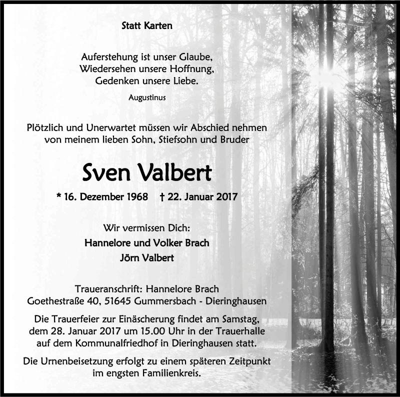  Traueranzeige für Sven Valbert vom 25.01.2017 aus Kölner Stadt-Anzeiger / Kölnische Rundschau / Express