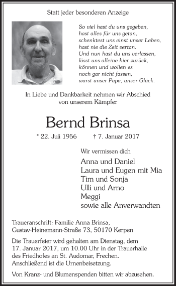 Anzeige von Bernd Brinsa von  Sonntags-Post 