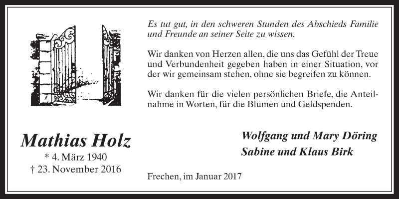  Traueranzeige für Mathias Holz vom 11.01.2017 aus  Wochenende 