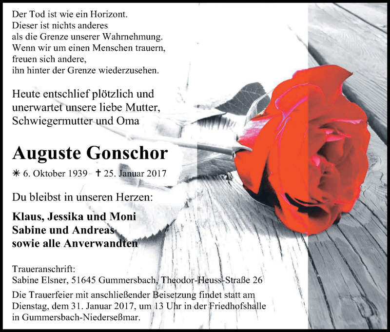  Traueranzeige für Auguste Gonschor vom 28.01.2017 aus Kölner Stadt-Anzeiger / Kölnische Rundschau / Express