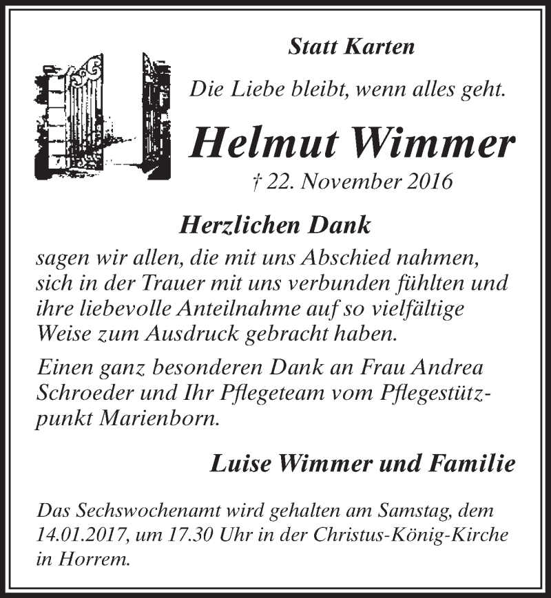  Traueranzeige für Helmut Wimmer vom 07.01.2017 aus  Sonntags-Post 