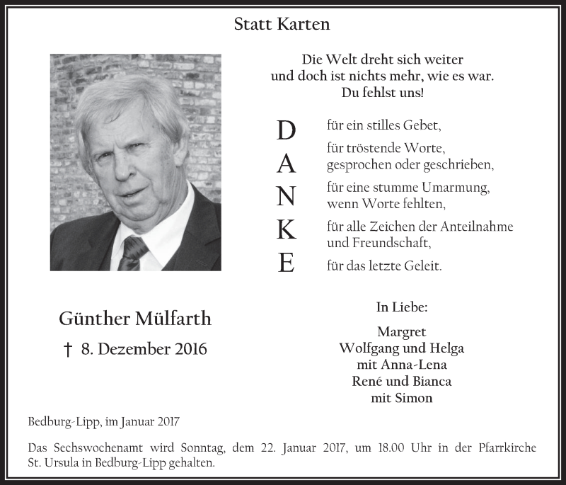  Traueranzeige für Günther Mülfarth vom 18.01.2017 aus  Werbepost 
