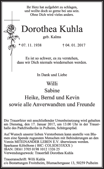 Anzeige von Dorothea Kuhla von  Sonntags-Post 