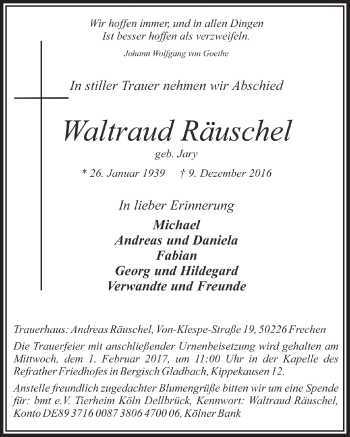 Anzeige von Waltraud Räuschel von  Bergisches Handelsblatt 