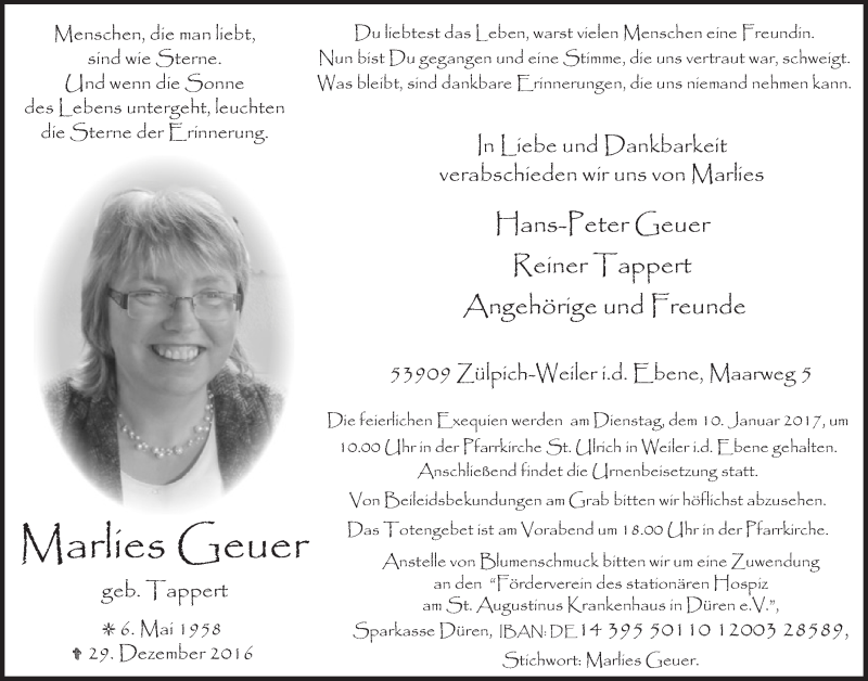  Traueranzeige für Marlies Geuer vom 07.01.2017 aus  Blickpunkt Euskirchen 