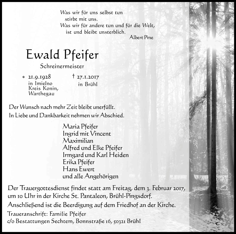  Traueranzeige für Ewald Pfeifer vom 01.02.2017 aus Kölner Stadt-Anzeiger / Kölnische Rundschau / Express