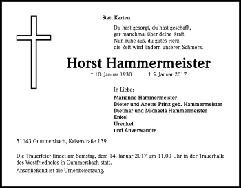 Anzeige von Horst Hammermeister von Kölner Stadt-Anzeiger / Kölnische Rundschau / Express