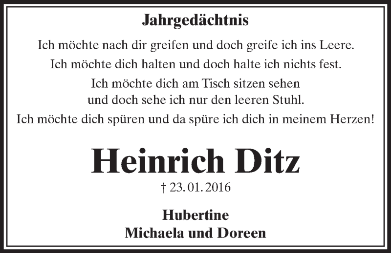  Traueranzeige für Heinrich Ditz vom 18.01.2017 aus  Schlossbote/Werbekurier 