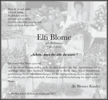 Anzeige von Elfi Blome von  Lokalanzeiger 