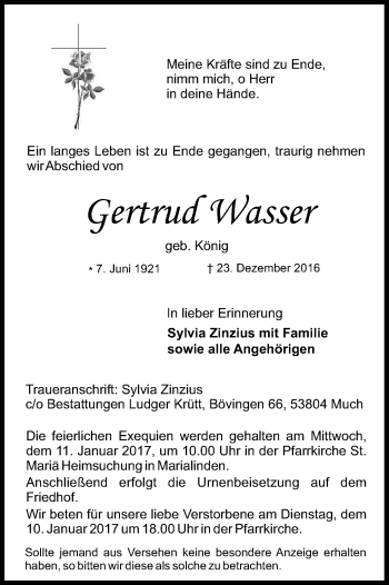 Anzeige von Gertrud Wasser von Kölner Stadt-Anzeiger / Kölnische Rundschau / Express