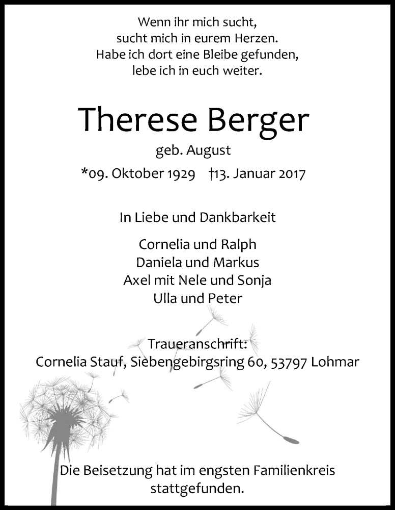  Traueranzeige für Therese Berger vom 28.01.2017 aus Kölner Stadt-Anzeiger / Kölnische Rundschau / Express