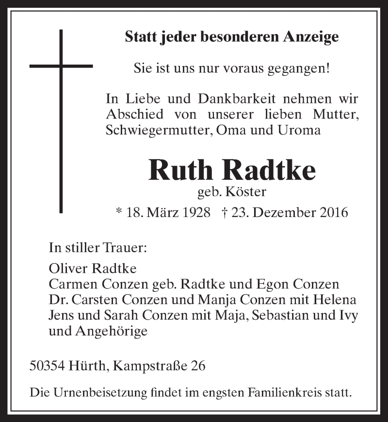  Traueranzeige für Ruth Radtke vom 04.01.2017 aus  Wochenende 