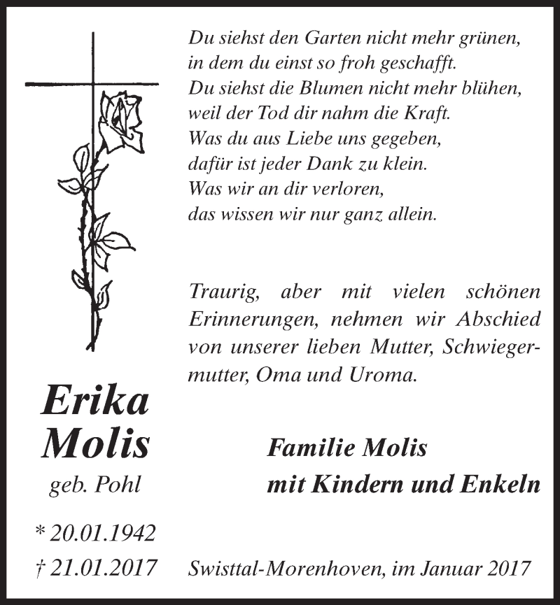  Traueranzeige für Erika Molis vom 01.02.2017 aus  Schaufenster/Blickpunkt 