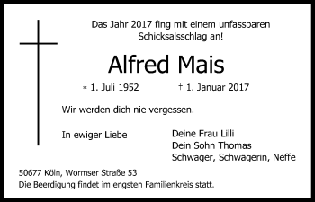 Anzeige von Alfred Mais von Kölner Stadt-Anzeiger / Kölnische Rundschau / Express