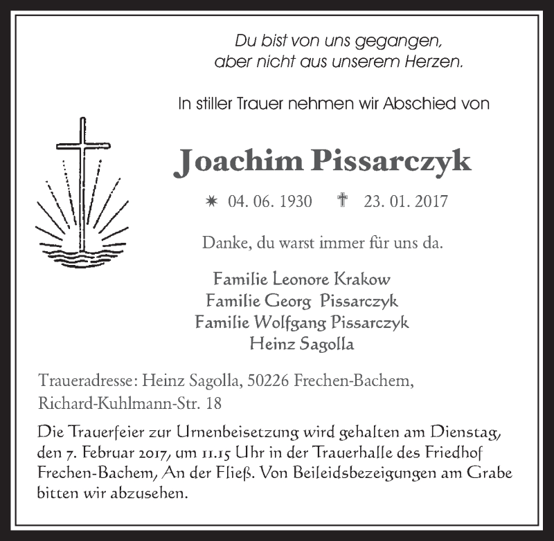  Traueranzeige für Joachim Pissarczyk vom 01.02.2017 aus  Wochenende 