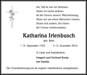 Anzeige von Katharina Irlenbusch von Kölner Stadt-Anzeiger / Kölnische Rundschau / Express