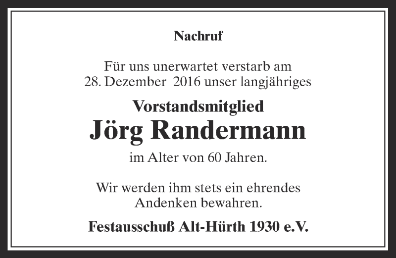  Traueranzeige für Jörg Randermann vom 07.01.2017 aus  Sonntags-Post 