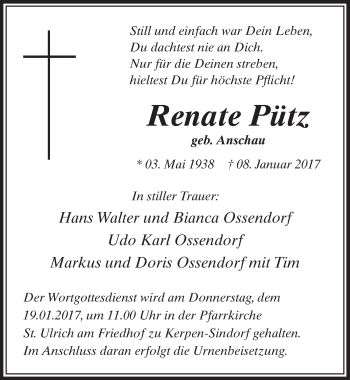 Anzeige von Renate Pütz von  Sonntags-Post 