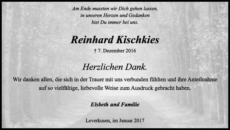  Traueranzeige für Reinhard Kischkies vom 07.01.2017 aus Kölner Stadt-Anzeiger / Kölnische Rundschau / Express