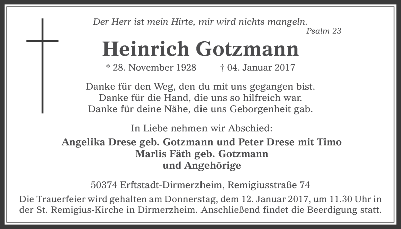 Traueranzeige für Heinrich Gotzmann vom 11.01.2017 aus  Werbepost 