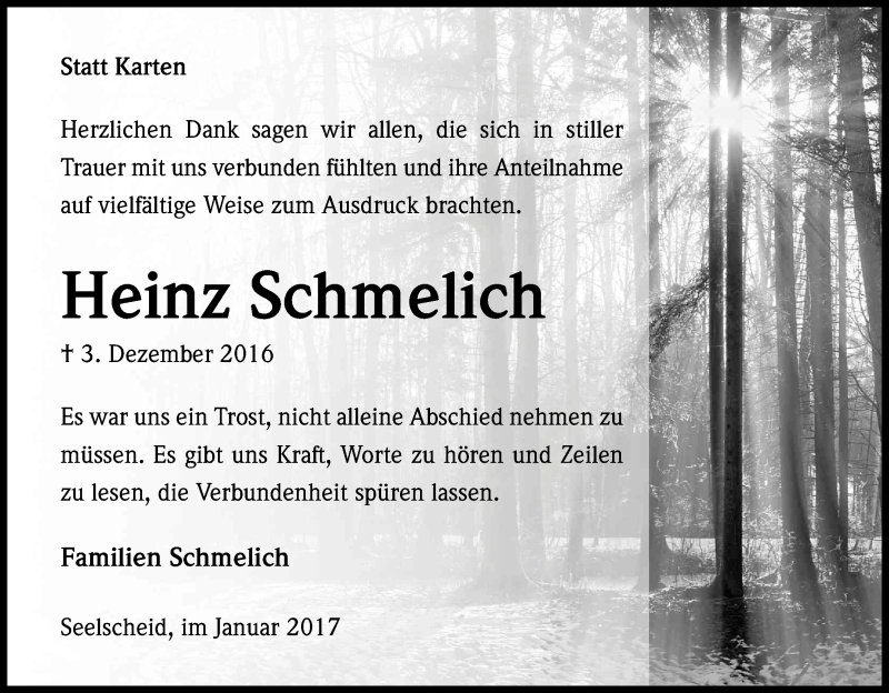  Traueranzeige für Heinz Schmelich vom 28.01.2017 aus Kölner Stadt-Anzeiger / Kölnische Rundschau / Express