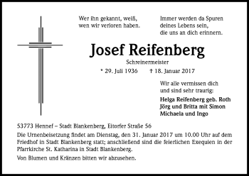Anzeige von Josef Reifenberg von Kölner Stadt-Anzeiger / Kölnische Rundschau / Express
