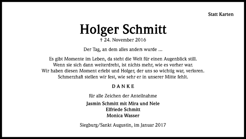  Traueranzeige für Holger Schmitt vom 07.01.2017 aus Kölner Stadt-Anzeiger / Kölnische Rundschau / Express